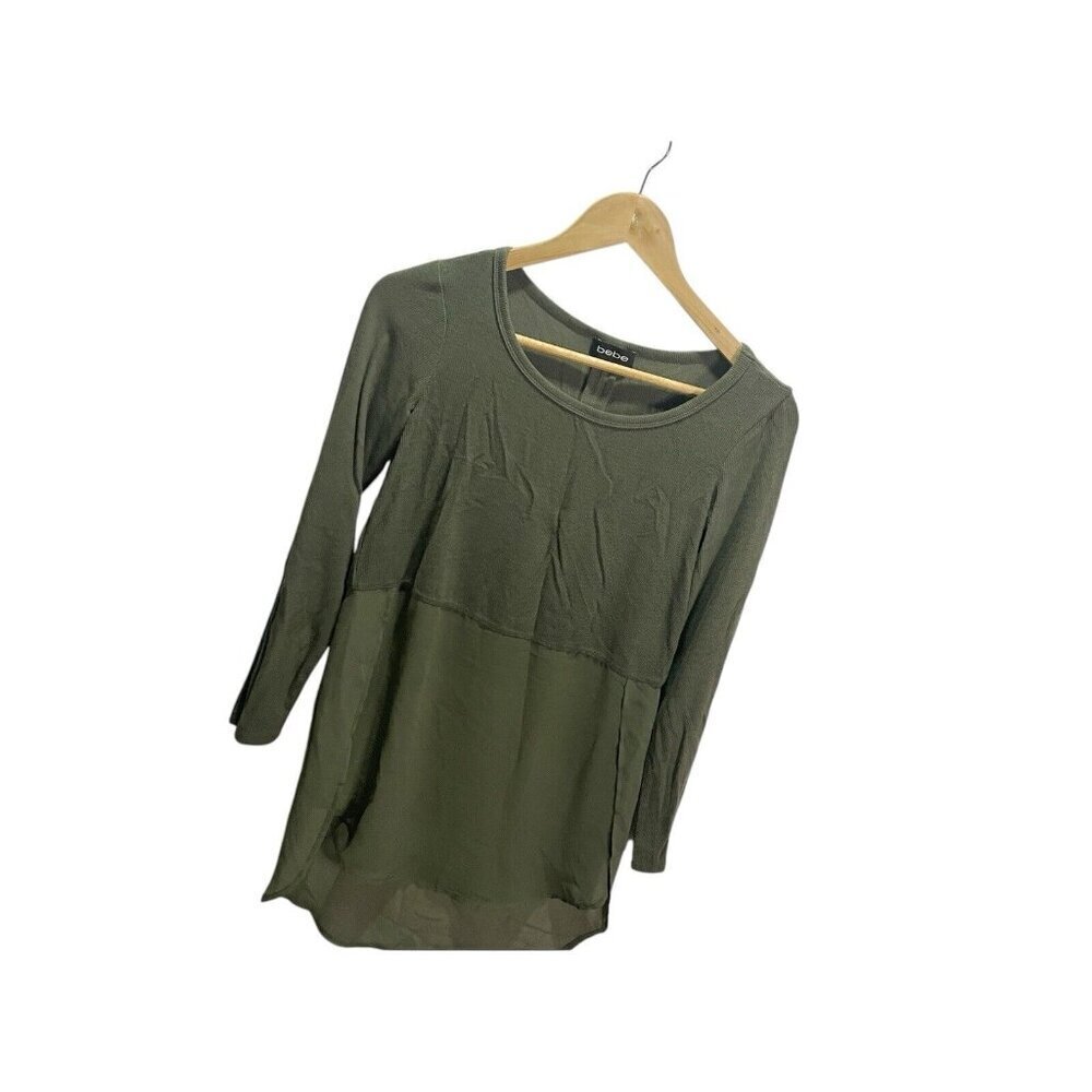 Bebe Tunic Blouse Green XS Half-Sheer Tummy Rib Mix Chiffon Stretch Y2K - Picture 3 of 4